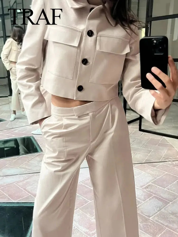 WW | Frühling Frauenmode Beige Blau Jacke Anzug Ein-Knopf Jacke Frauen Hohe Taille Lässige Baggy Hosen 2 Teilig Set