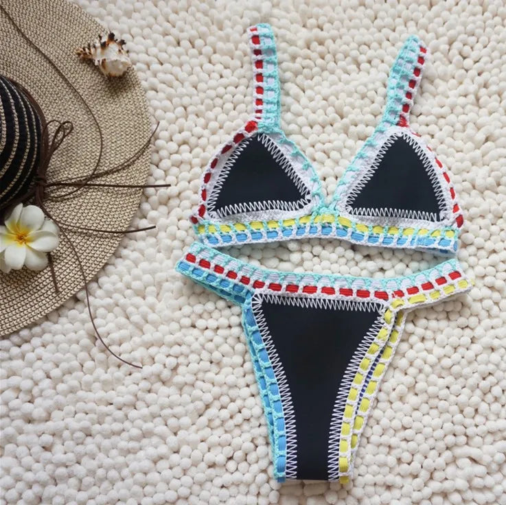 WW | Gestrickter Bikini 2 Teilig Schwimmanzug für Frauen, Sommerstrandurlaub Badebekleidung, Sexy Dreieckiger Cup V-Ausschnitt Träger-Schwimmbekleidung