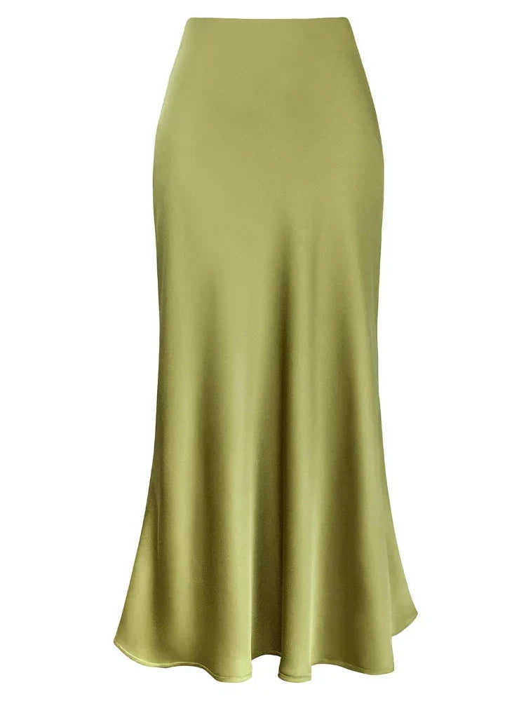 WW | Frauen Satin Seiden Röcke Sommer Frühling Koreanische Mode Kleidung Büro Damen Lange Röcke Elegant Schwarz Maxi Röcke für Frauen