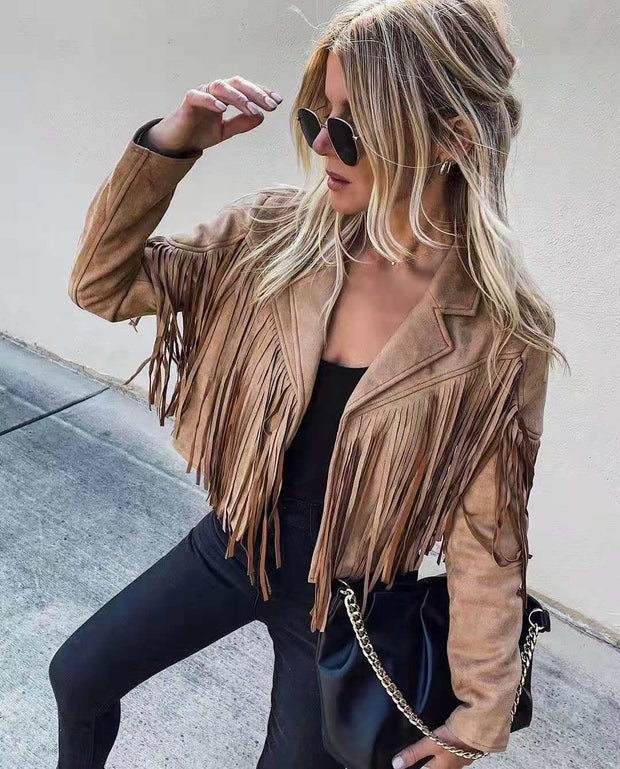 WW Jugendlicher Wildleder-Jackentrend - Fransen-Cardigan mit Troddelsaum, E-Girl Bikerjacke, 90er Vintage Streetwear, Cooles Design