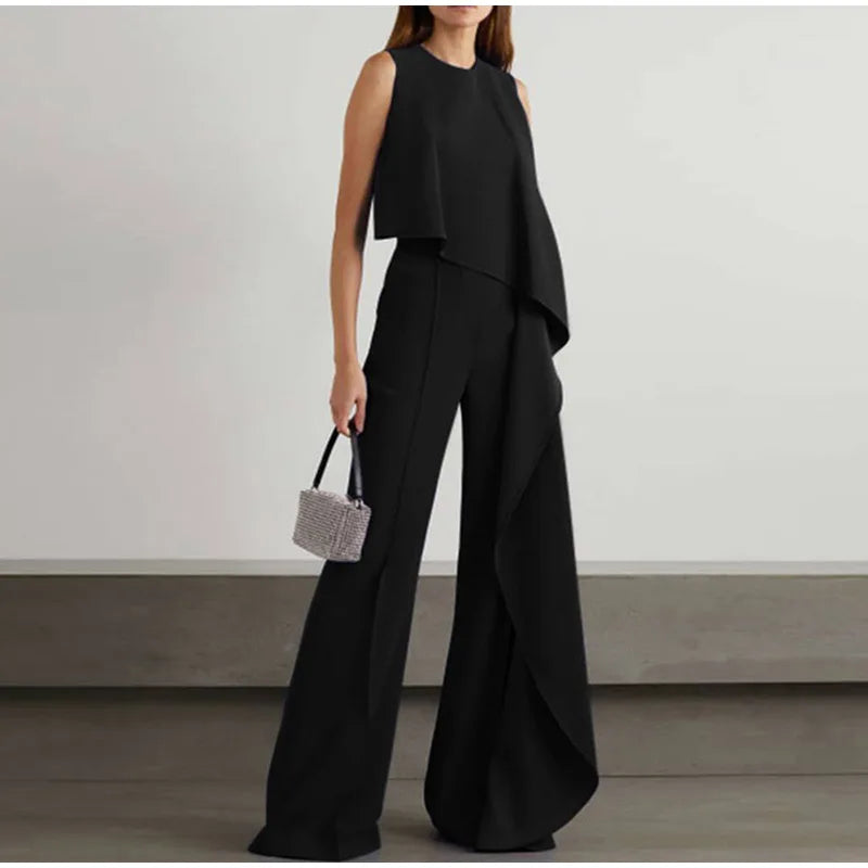 WW | Eleganter Weiter Jumpsuit mit Rüsche und Ohne Ärmel