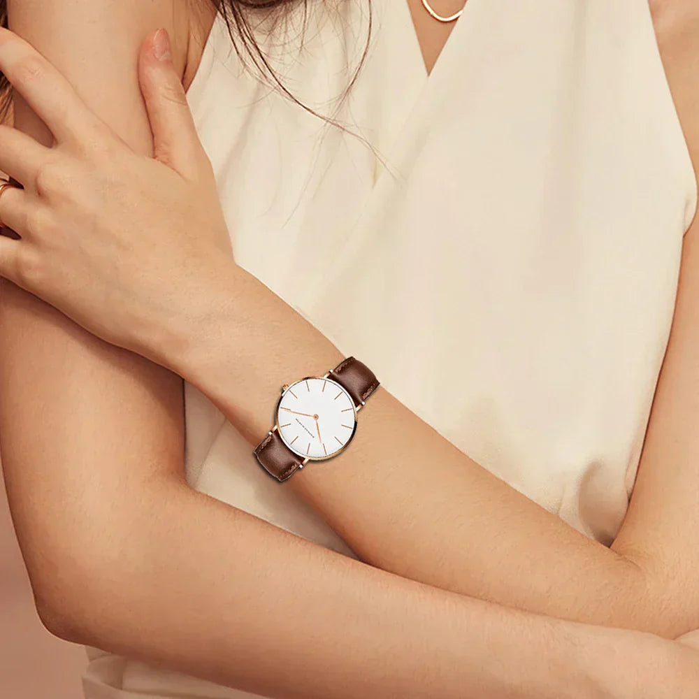 WW | Runde Zeitlose Minimalistische Uhr Mit Lederarmband Für Frauen