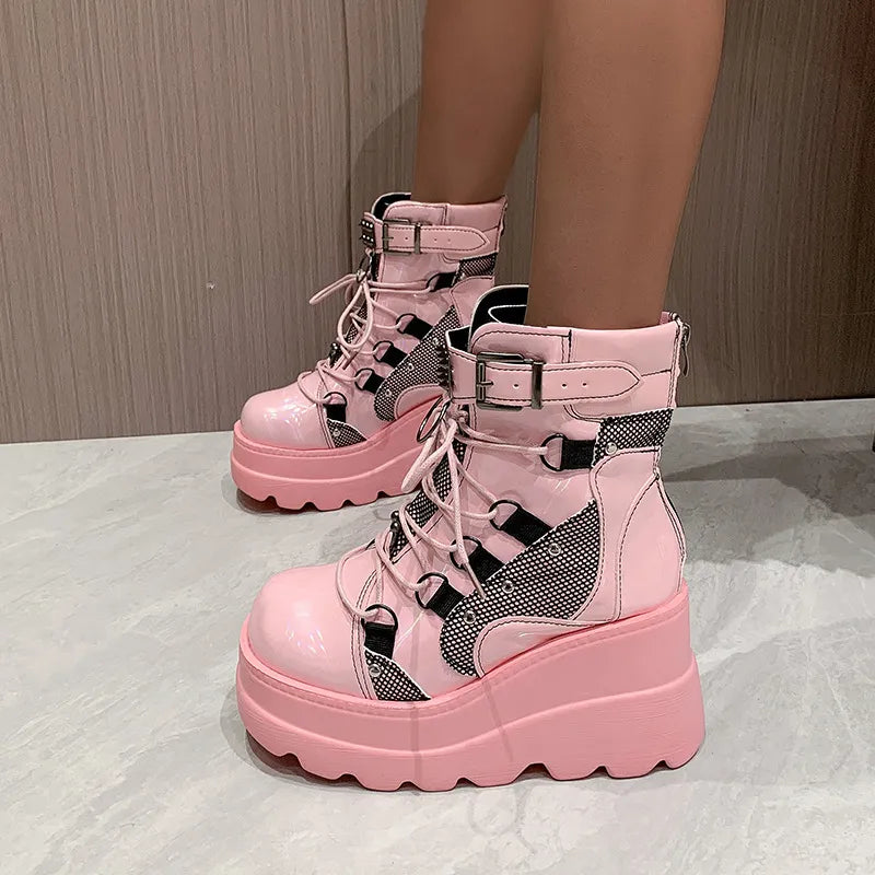 WW | Damen Punk Stil Dicksohlige Keilabsatz Reiterstiefel Große Größe Kreuzschnürung Dicksohlige Mittelrohr Damen Gothic Cowboy Stiefel