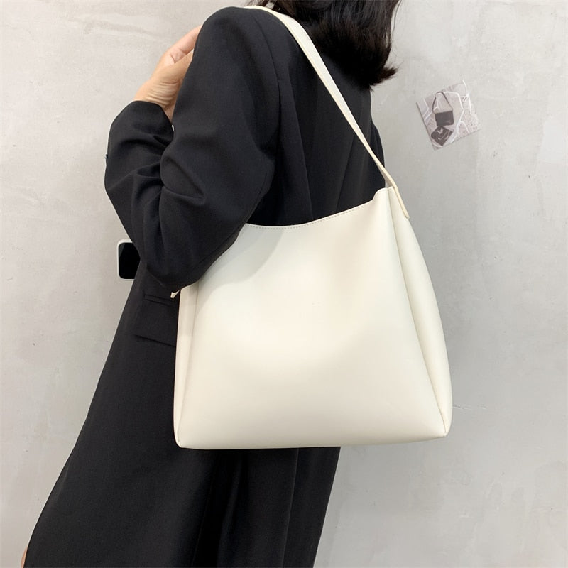 WW Hochwertige Damen Shopper Große Kapazität Schultertasche Reine Farbe Breiter Riemen Weiches PU-Leder