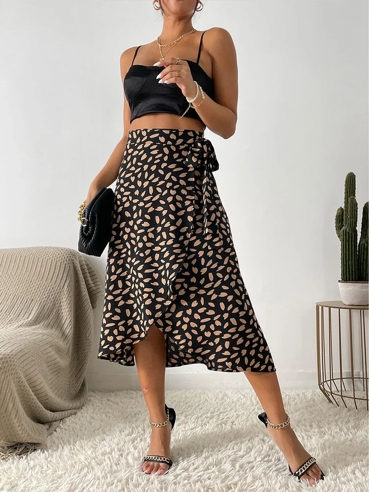 WW Asymmetrischer Rock | Moderner bedruckter A-Linien-Rock mit Bindeseite und hoher Taille für Damen