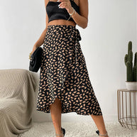 WW Asymmetrischer Rock | Moderner bedruckter A-Linien-Rock mit Bindeseite und hoher Taille für Damen