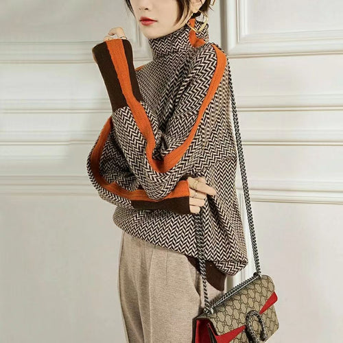 W&W Geometrisch gestrickter Rollkragenpullover