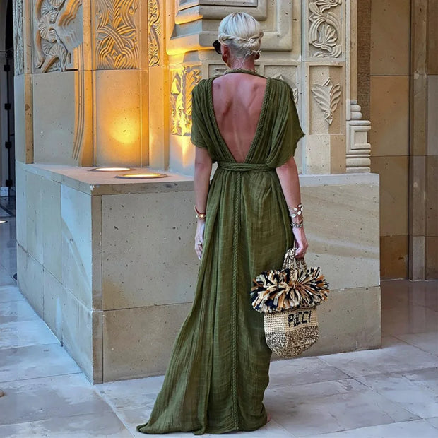 WW | Grüne Bohemia Ferienanzug Frauen Elegant Solid Lässig Lockere Lange Kleider Sommer Sexy Geshitzte Rückenfreier Maxi Strandkleid Neu