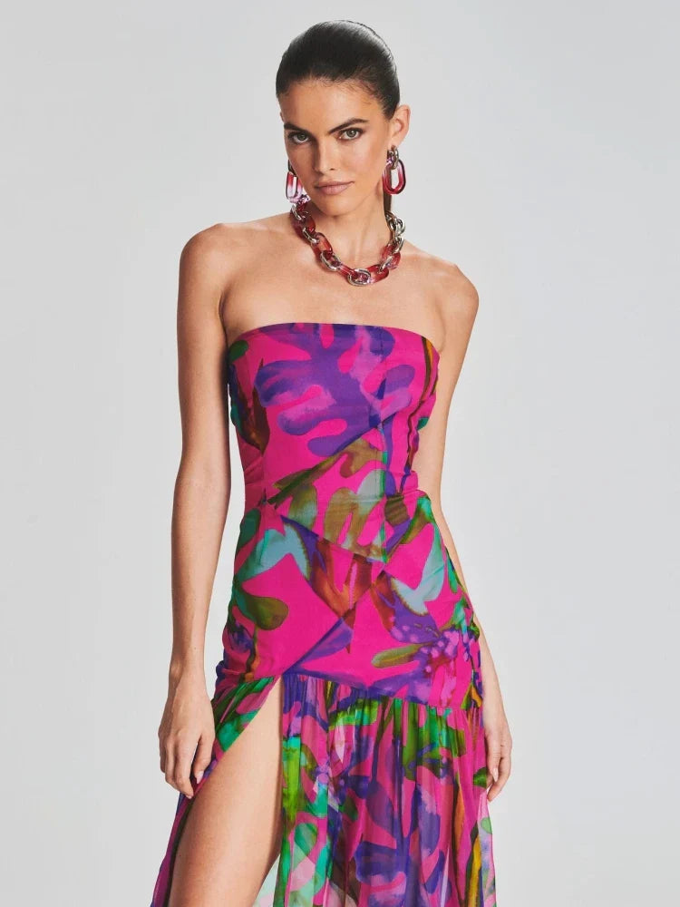 WW | Neues Sommerdruck Strapless Mesh Patchwork Schlitz Lang Kleid Frauen Sexy Ärmellos Gedruckt Bunt Ferien Maxi Kleid Party