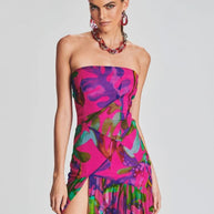 WW | Neues Sommerdruck Strapless Mesh Patchwork Schlitz Lang Kleid Frauen Sexy Ärmellos Gedruckt Bunt Ferien Maxi Kleid Party