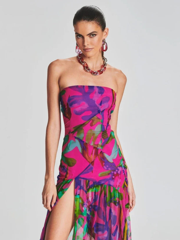 WW | Neues Sommerdruck Strapless Mesh Patchwork Schlitz Lang Kleid Frauen Sexy Ärmellos Gedruckt Bunt Ferien Maxi Kleid Party