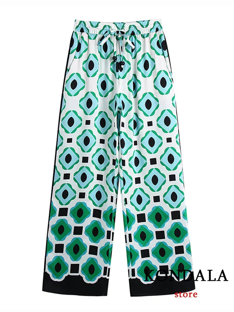 WW | Geometrischer Druck Vintage Frauen Anzüge Herbstmode Übergröße Lange Blusen und Hohe Taille Breite Bein Hosen Frauen Set
