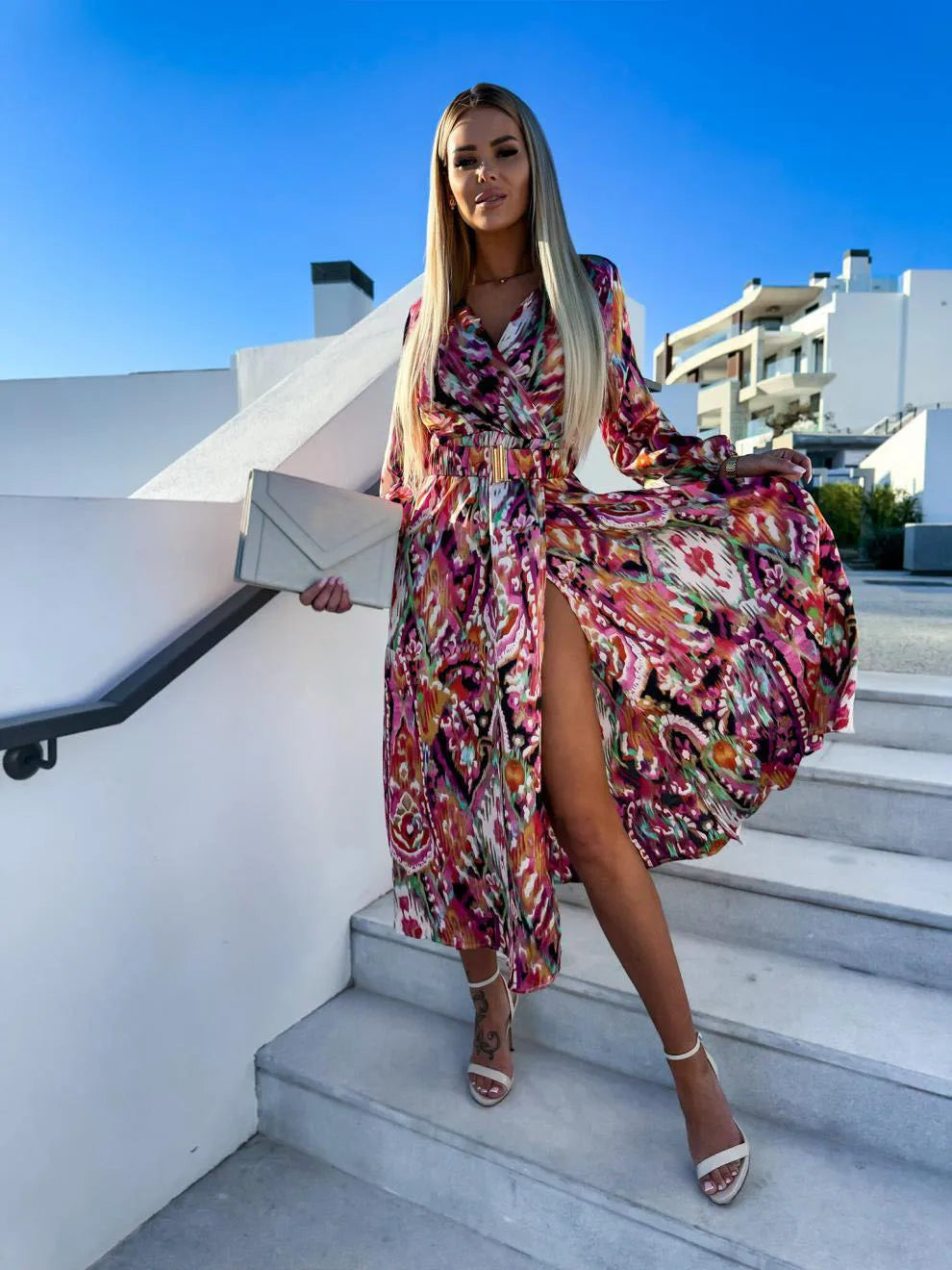W&W Mode | Neu Bedrucktes Kleid mit V-Ausschnitt und langen Ärmeln für Frauen
