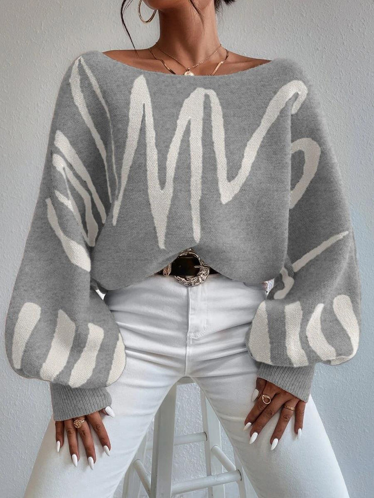 WW Pullover | Hellgrauer schulterfreier Oversized-Pullover mit Puffärmeln