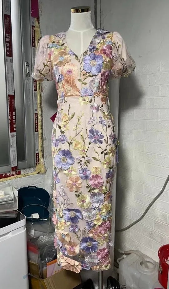 WW | Runway Frühling/Sommer Neu Mesh 3D Blumenstickerei Perspektiv Abend Prom Kleid Frauen Urlaub Robe Vestido Fest