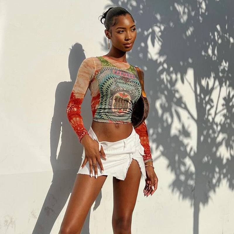 W&W Mode | Langärmliges Mesh-Top mit Tattoo-Print
