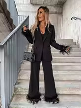 W&W Mode - Elegantes Damen Blazer und Hosen Set mit Federn