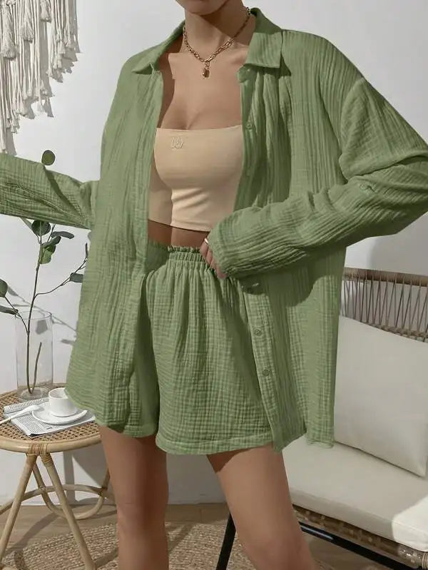 WW | 100% Baumwoll Gas Muslin Set für Frauen 2 Stück Langärmlige Hemden und Loose Hohe Taille Mini Shorts Set Ensemble Femme