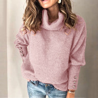 WW Damenpullover | Gestrickter Turtleneck Pullover mit Knopfdesign für lockere Tops