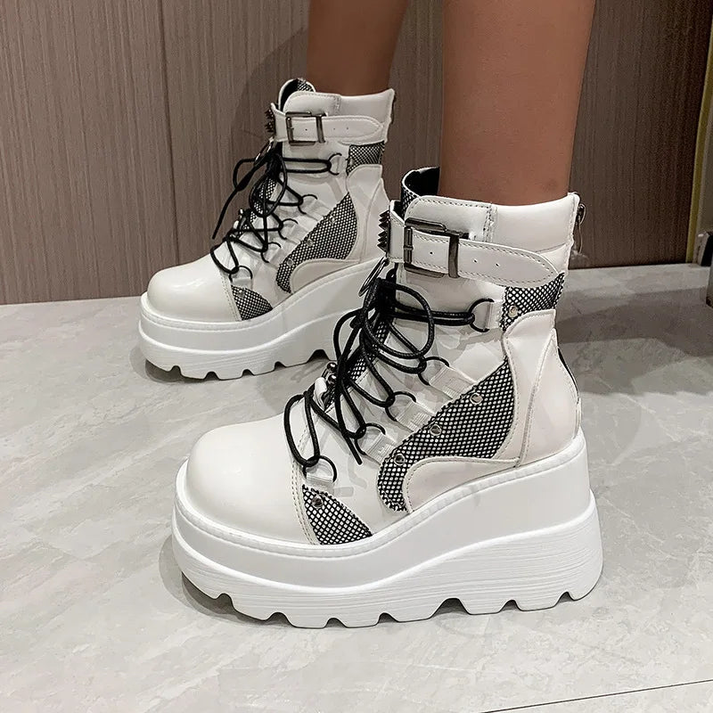 WW | Damen Punk Stil Dicksohlige Keilabsatz Reiterstiefel Große Größe Kreuzschnürung Dicksohlige Mittelrohr Damen Gothic Cowboy Stiefel