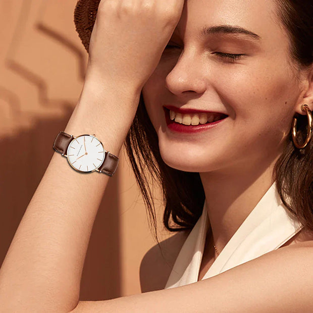 WW | Runde Zeitlose Minimalistische Uhr Mit Lederarmband Für Frauen