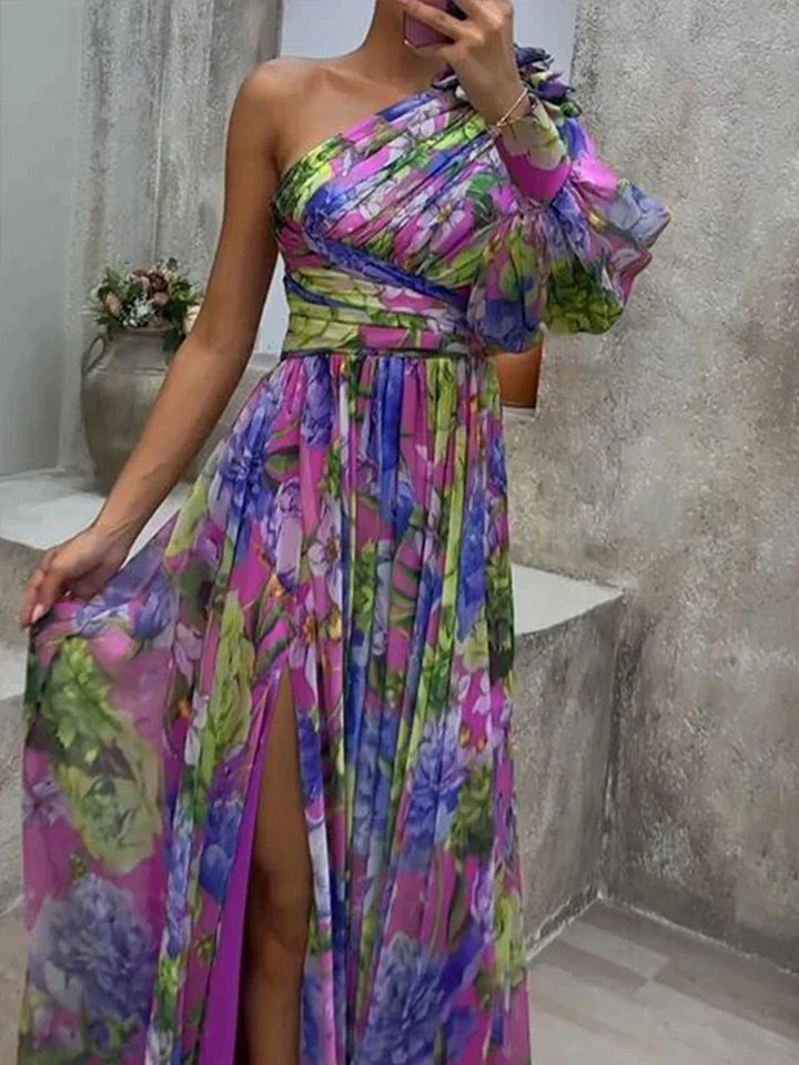 W&W Mode | Maxikleid mit sexy Seitenschlitz und einem Ärmel in lila Druck