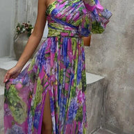 WW | Maxikleid mit sexy Seitenschlitz und einem Ärmel in lila Druck
