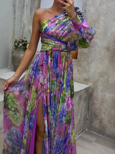 WW | Maxikleid mit sexy Seitenschlitz und einem Ärmel in lila Druck