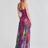 WW | Neues Sommerdruck Strapless Mesh Patchwork Schlitz Lang Kleid Frauen Sexy Ärmellos Gedruckt Bunt Ferien Maxi Kleid Party