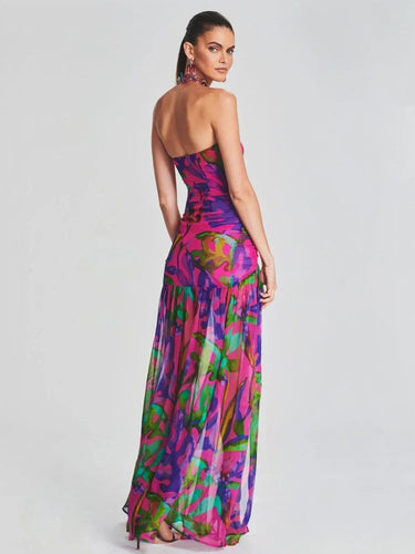 WW | Neues Sommerdruck Strapless Mesh Patchwork Schlitz Lang Kleid Frauen Sexy Ärmellos Gedruckt Bunt Ferien Maxi Kleid Party