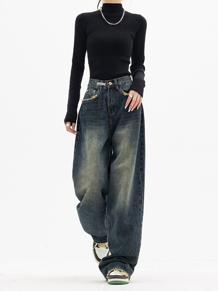 WW - Trendy Baggy Wide Leg Jeans Damen | Jeans mit hoher Taille Lässige Streetwear