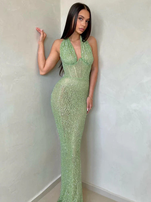 WW | Tiefer V-Ausschnitt Rückenfreies Maxi-Kleid