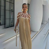 WW | Grüne Bohemia Ferienanzug Frauen Elegant Solid Lässig Lockere Lange Kleider Sommer Sexy Geshitzte Rückenfreier Maxi Strandkleid Neu