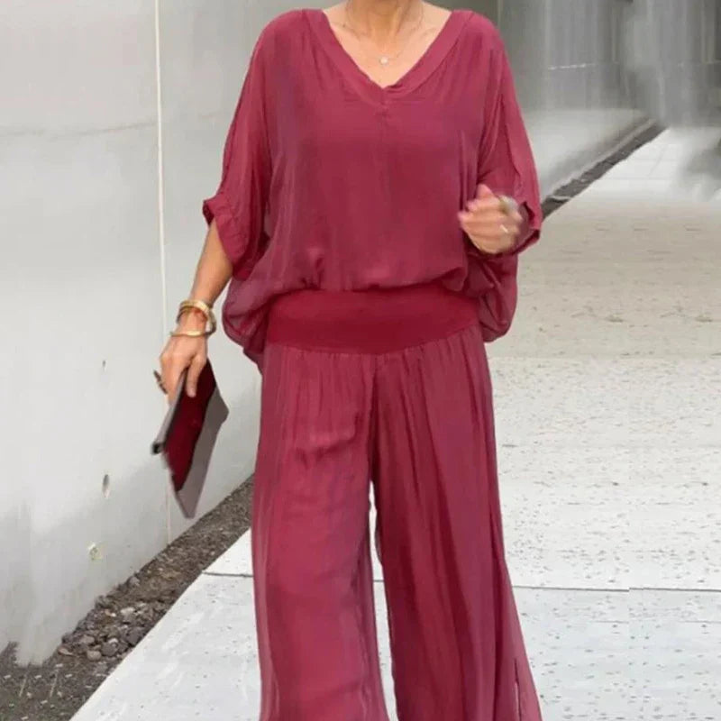 WW | Elegantes Zweiteiliges Set Aus Chiffonoberteil Und Hose Mit Weitem Bein