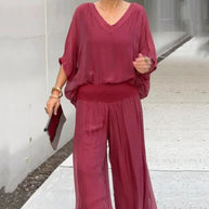 WW | Elegantes Zweiteiliges Set Aus Chiffonoberteil Und Hose Mit Weitem Bein