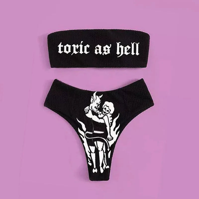 WW | Sexy Goth Bikini Frauen Buchstaben Totenkopf Druck Badeanzug Split Badeanzug Hohe Taille Gotische Bikini Set Strandoutfits