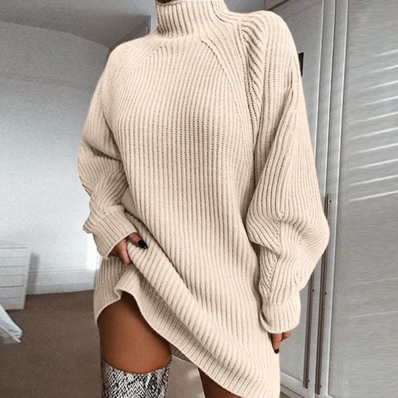 W&W Mode Attraktives A-Linien-Kleid | Damen Herbst Strickkleid mit Rollkragen
