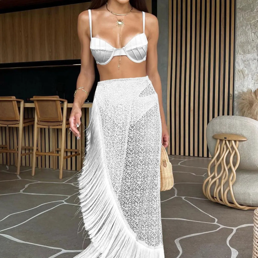 WW | 3 Stücke Fransen Bikini Set Frauen Strand Strick Rock Anzug Hohes Fenster Sexy Transparent Fest Streetwear Sommer Outfit