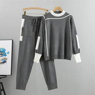WW | Lässiges Herbst Strick Patchwork Oberteil und Hose Set für Frauen