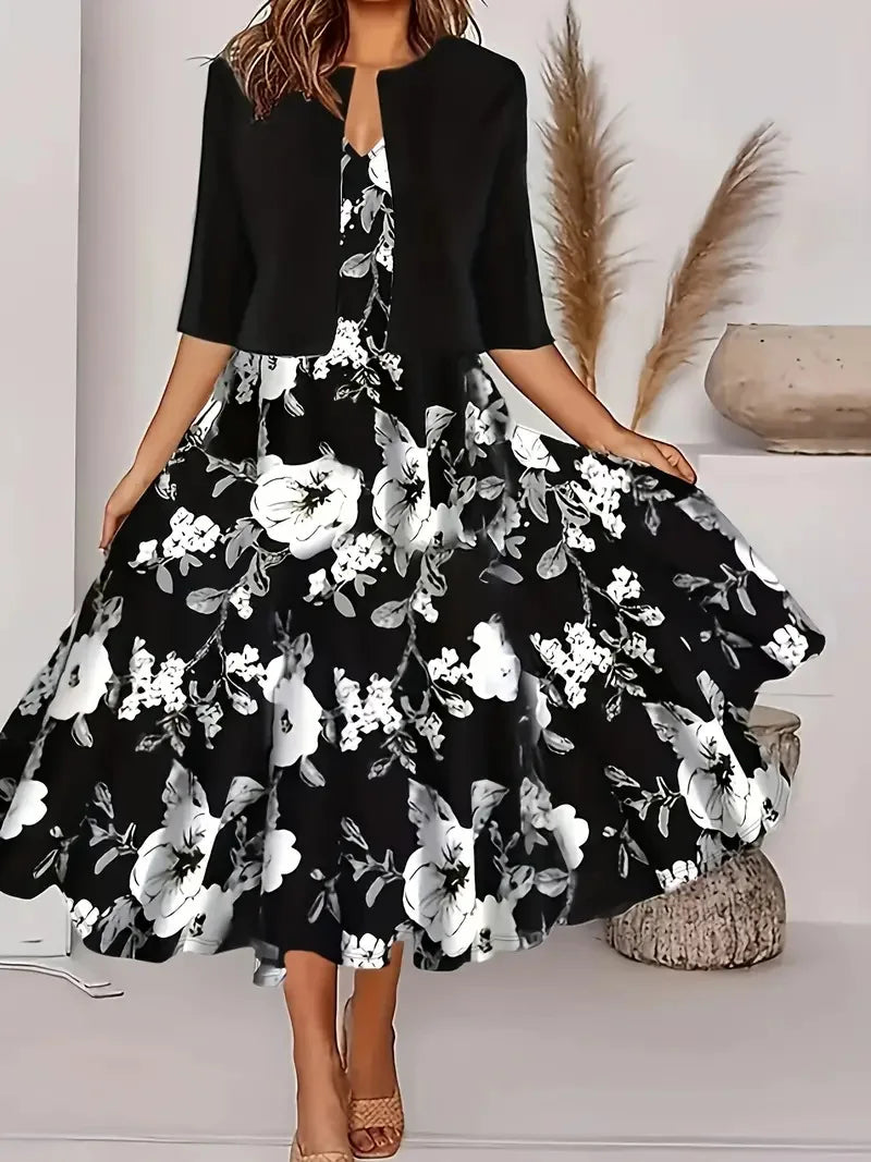 WW | Neu für Den Sommer! Eu Us Herbst Frau 2 Lang Kleid Set Blumen und Graspunkt Crew Neck Kleid mit Chiffon Kurzjacke