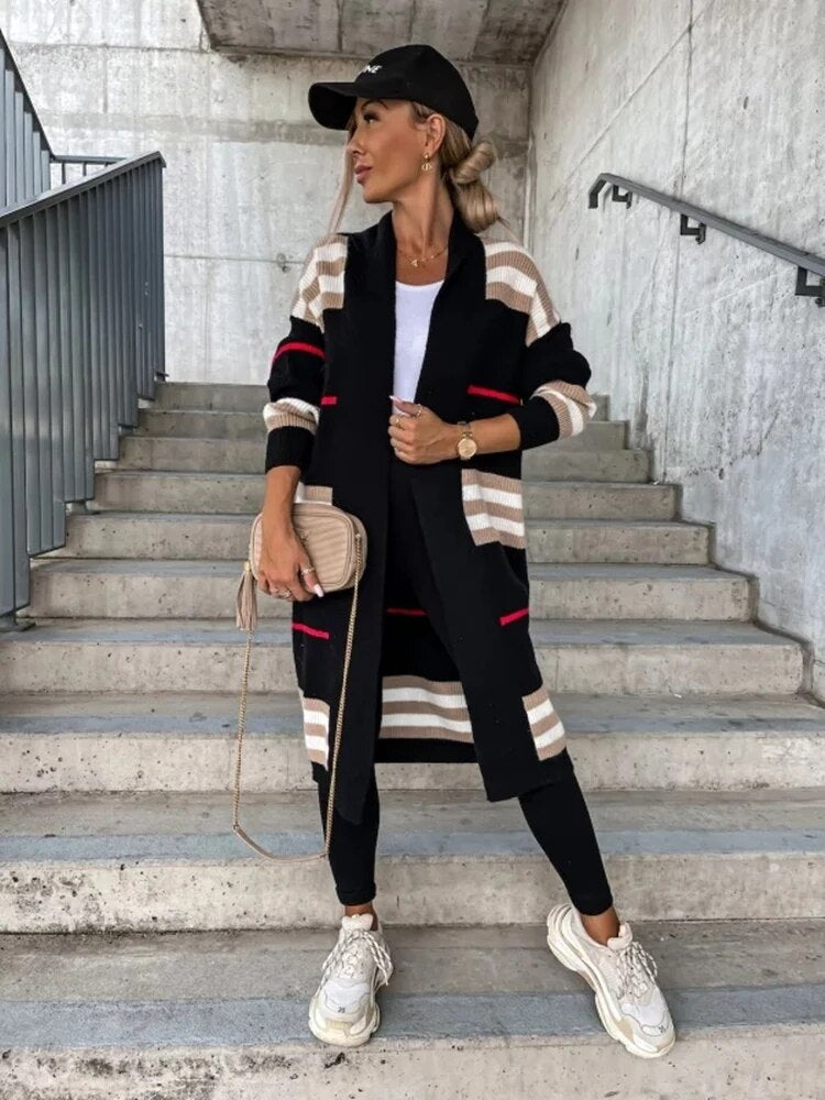 WW | Lange Gestreifte Strickjacke für Damen | Stilvoll und Bequem