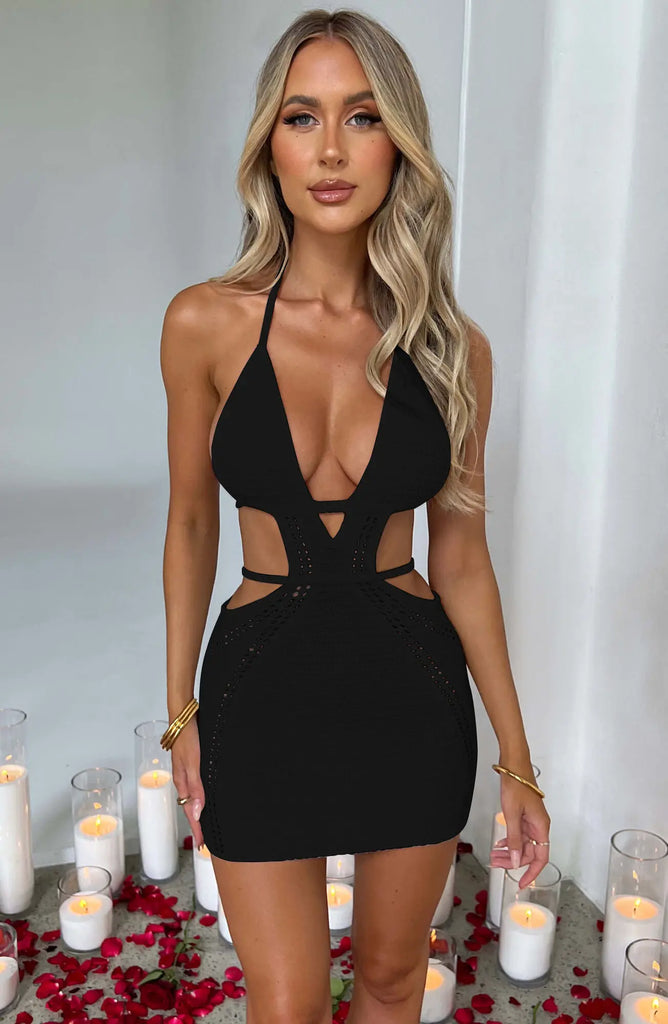 WW | Hollow Out Halter Sexy Mini Kleid Frauen Sommer Neu Ohne Ärmel Rückenfrei Enganliegend Klub Party Strick Tank Kleid Vestido