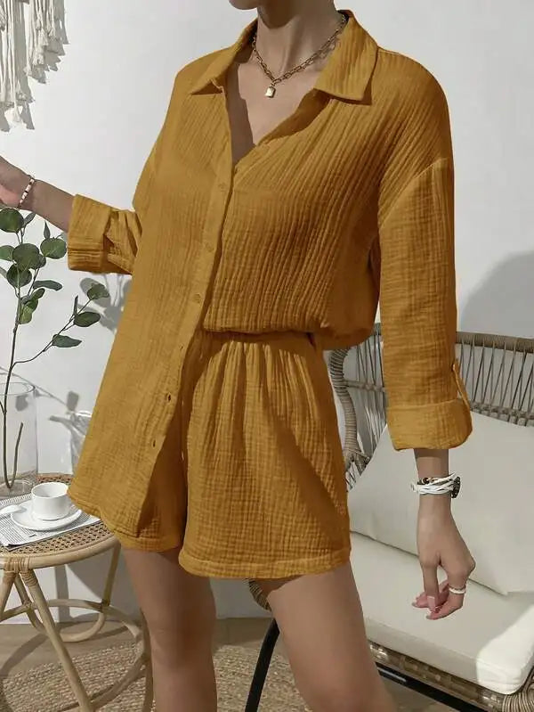 WW | 100% Baumwoll Gas Muslin Set für Frauen 2 Stück Langärmlige Hemden und Loose Hohe Taille Mini Shorts Set Ensemble Femme