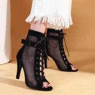 WW | Sandalen Höhle Mesh Absätze Gürtel Schnalle Damen Sommer Beige Schnürsenkel Sexy Offene Zehe Stiletto Jazz Tanz Fest Damenschuhe