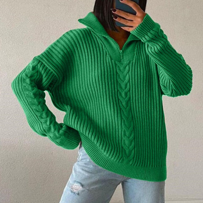 WW V-Sweater | Bequemer Zopfpullover mit V-Ausschnitt, Rollkragen und Reißverschluss