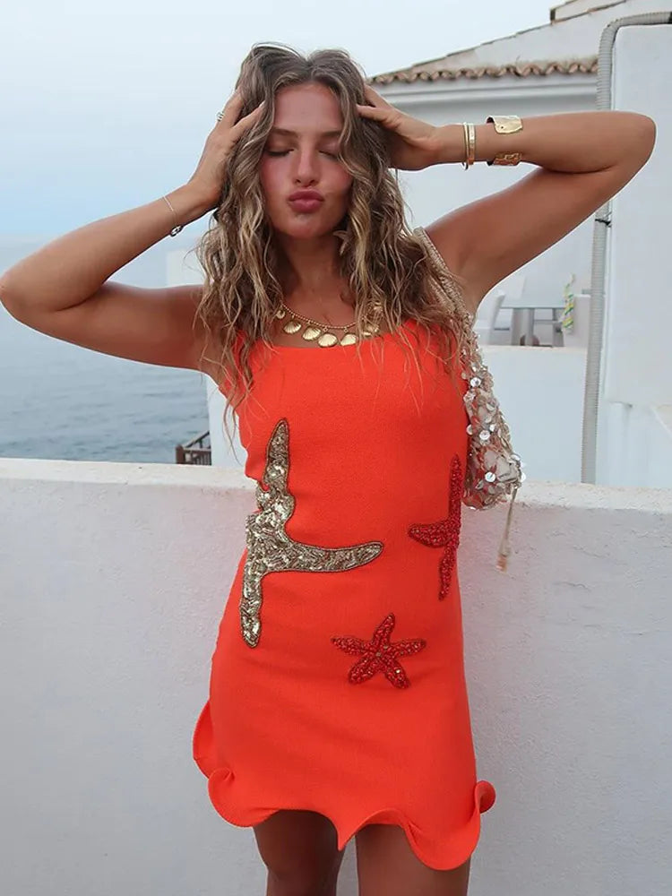 WW | Chic Shinny Seestern Print Rüschensaum Mini Kleid Fashion Bodycon Ärmellos Rückenfrei Kurz Vestidos Sommer Weibliche Strandkleider