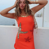 WW | Chic Shinny Seestern Print Rüschensaum Mini Kleid Fashion Bodycon Ärmellos Rückenfrei Kurz Vestidos Sommer Weibliche Strandkleider