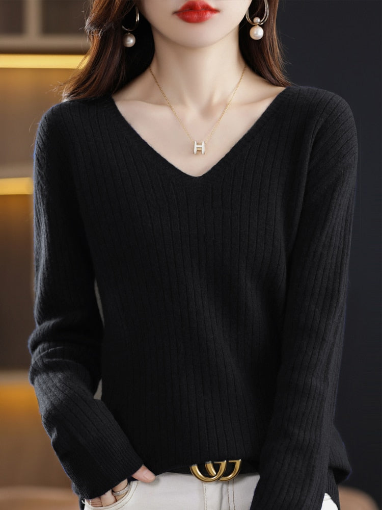 WW - Strickpullover mit V-Ausschnitt - Damen Elegant Gemusterter Pullover