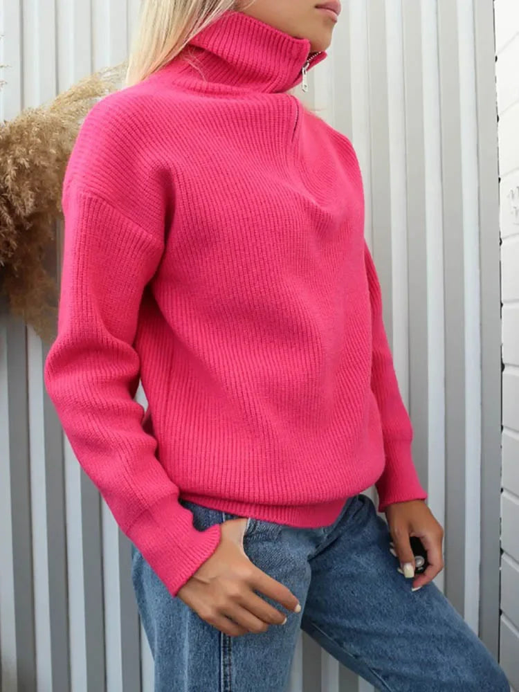 Gestreifter Turtleneck Damenpullover mit Reißverschluss