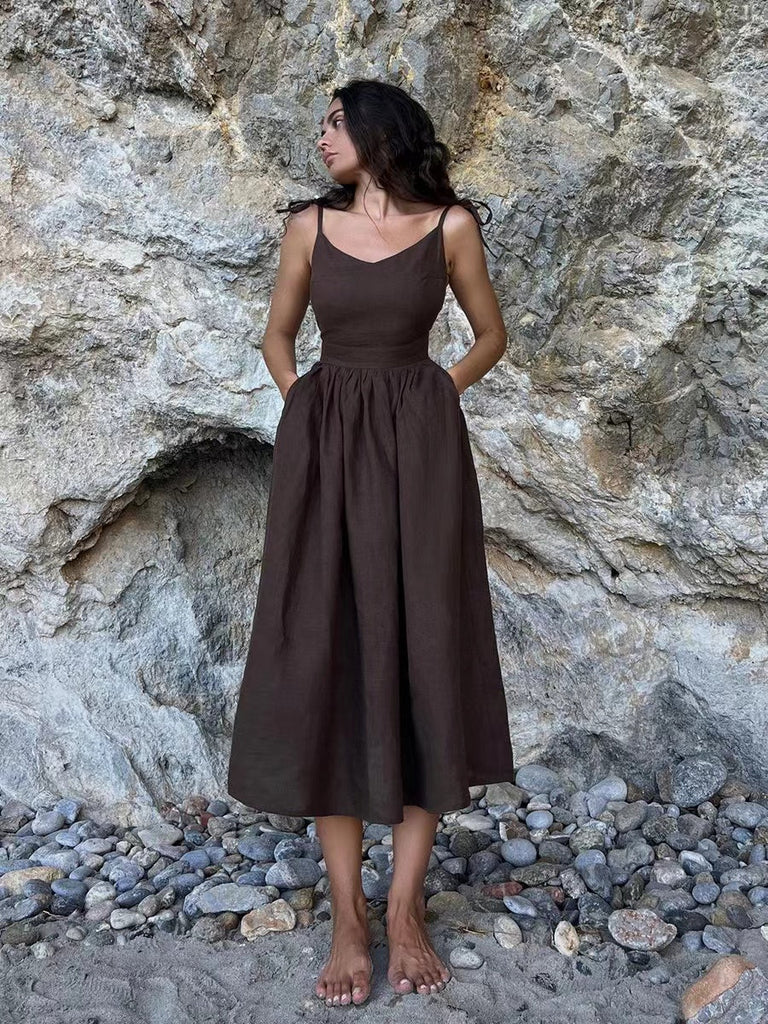 WW | Linne Rückenfreies Maxi Sommerkleid für Frauen Gerian